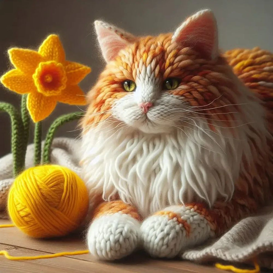 Knitted Ginger and White Cat Spring Card