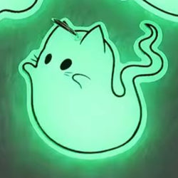 Cartoon ghost cat character on a glowing green background
