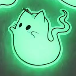 Cartoon ghost cat character on a glowing green background