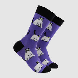 A pair of purple socks with a pattern of white cat-like figures in various poses.