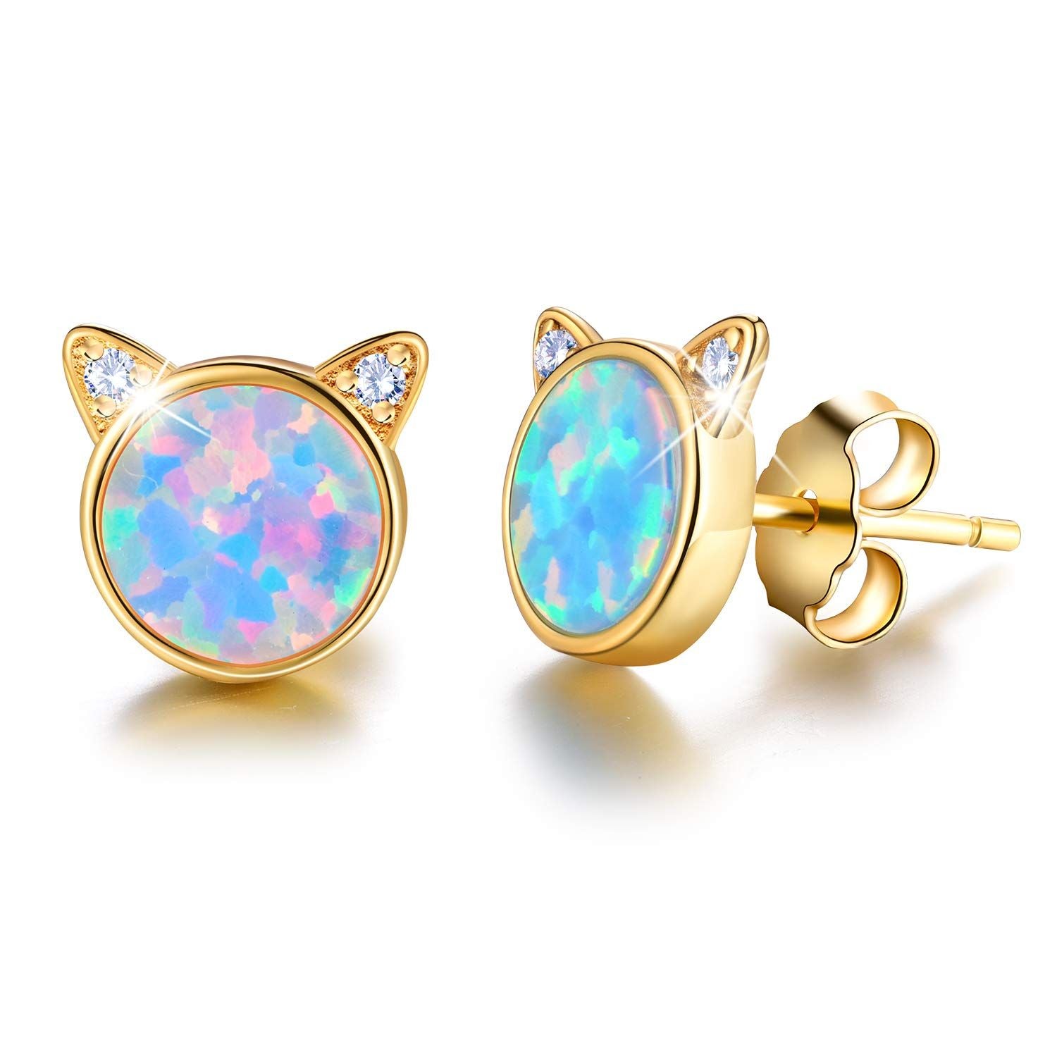 Opal Cat Head Gold Earings