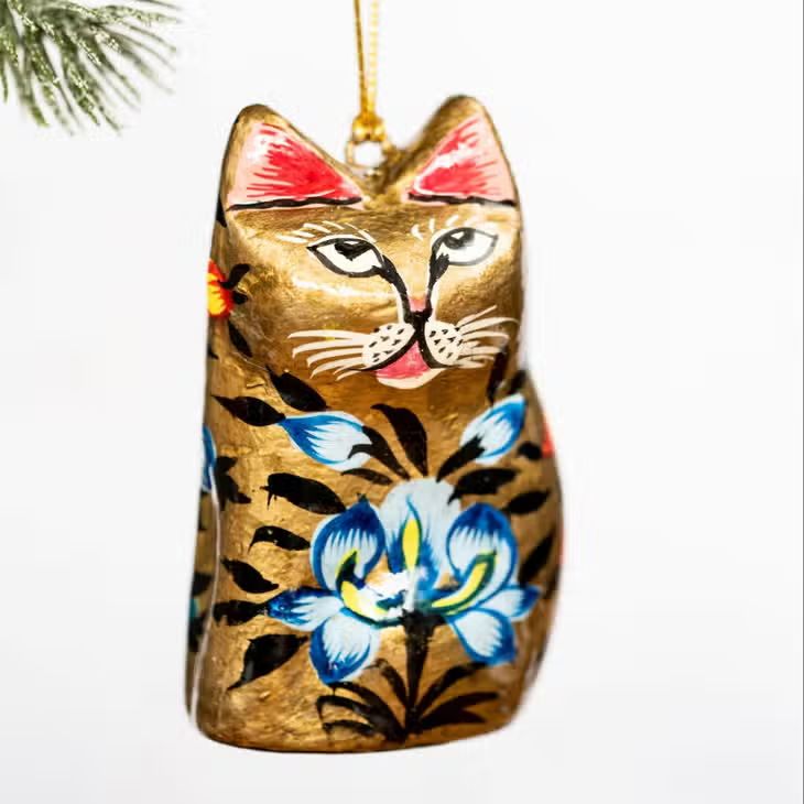 Fair Trade Painted Cat Decoration, Golden Floral