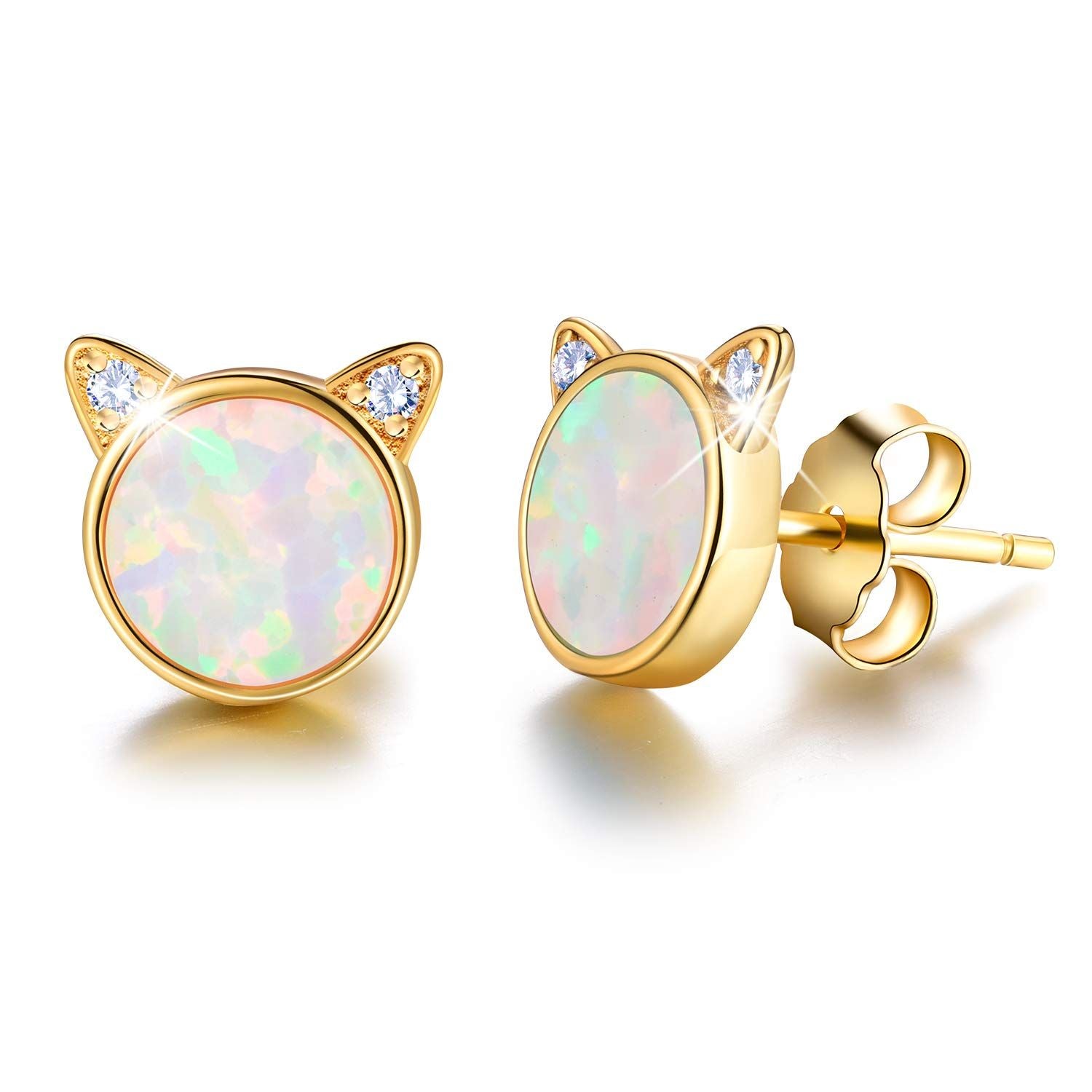 Opal Cat Head Gold Earings