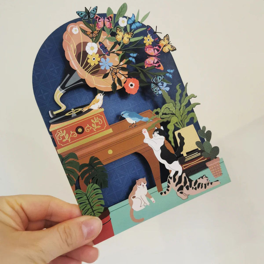 Gramophone Cats laser-cut Greetings Card