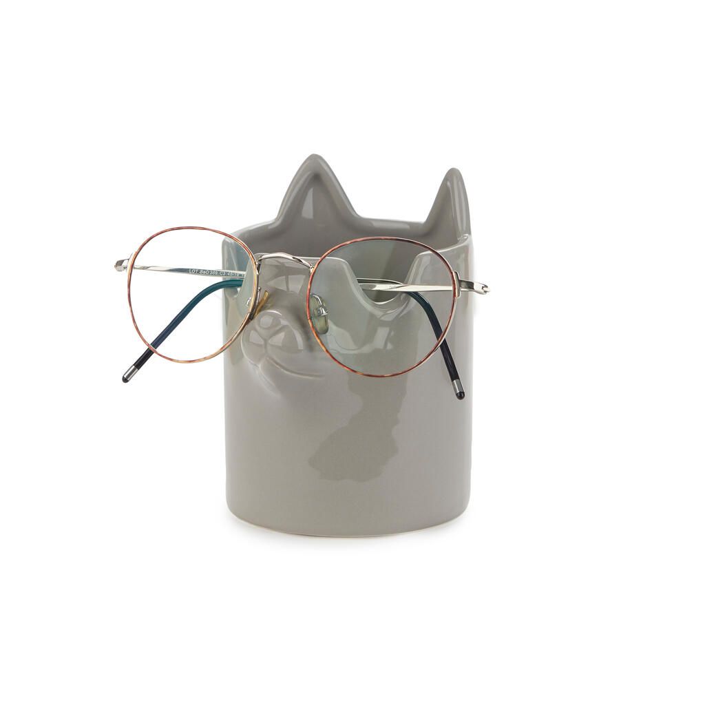 Grey Ceramic Cat Pen and Glasses Holder