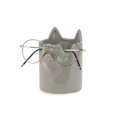 Grey Ceramic Cat Pen and Glasses Holder
