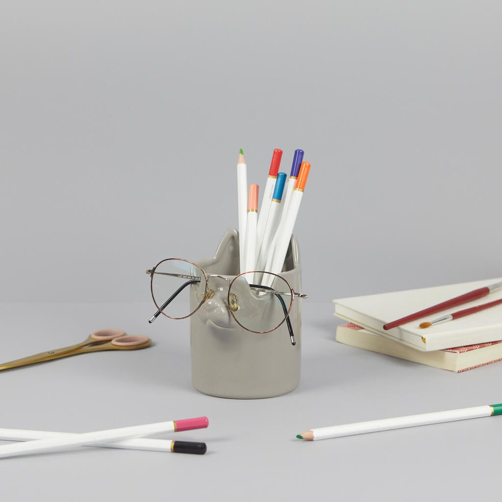Grey Ceramic Cat Pen and Glasses Holder