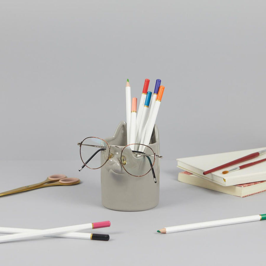 Grey Ceramic Cat Pen and Glasses Holder