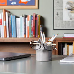 Grey Ceramic Cat Pen and Glasses Holder