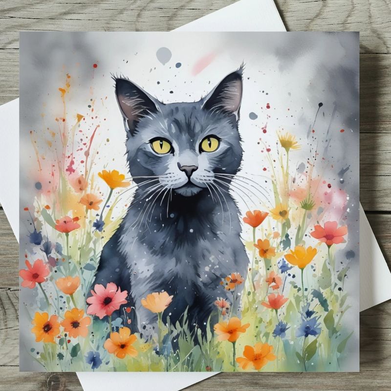 Grey Cat Watercolour Card