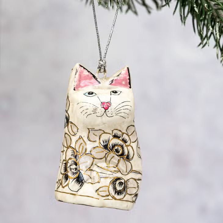 Fair Trade Painted Cat Decoration, Grey Floral