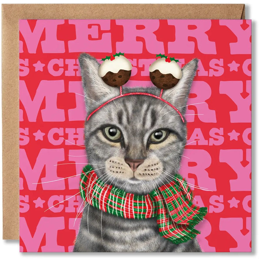 Grey Tabby Cat Merry Christmas Card