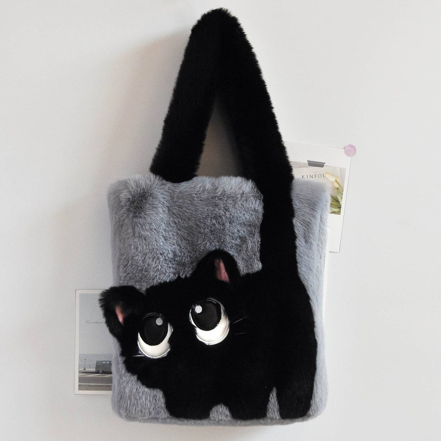 Grey colour fur Tote bag with a black cat design on a white background