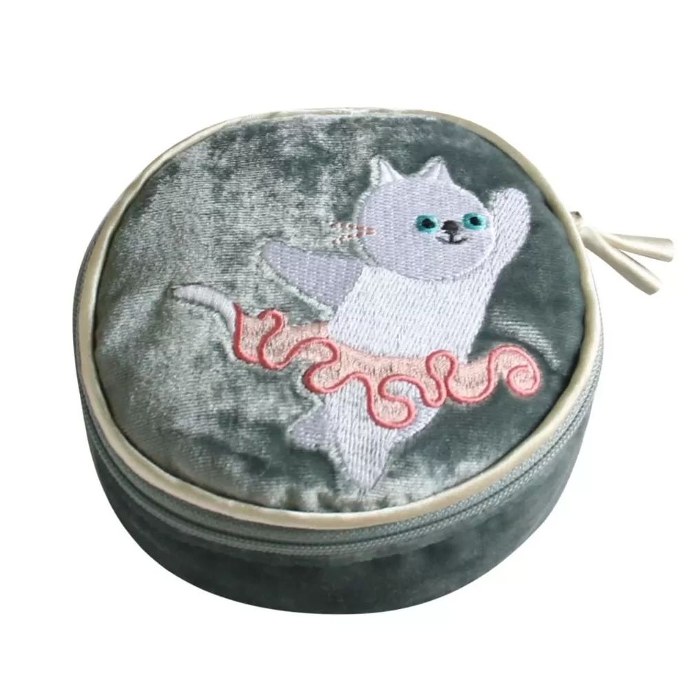 Grey Cat Velvet Jewellery Pouch