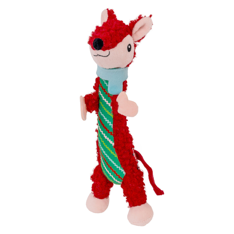 KONG Cat Luvs Fox Cat toy - a brown plush fox with green underbelly and blue scarf on a white background