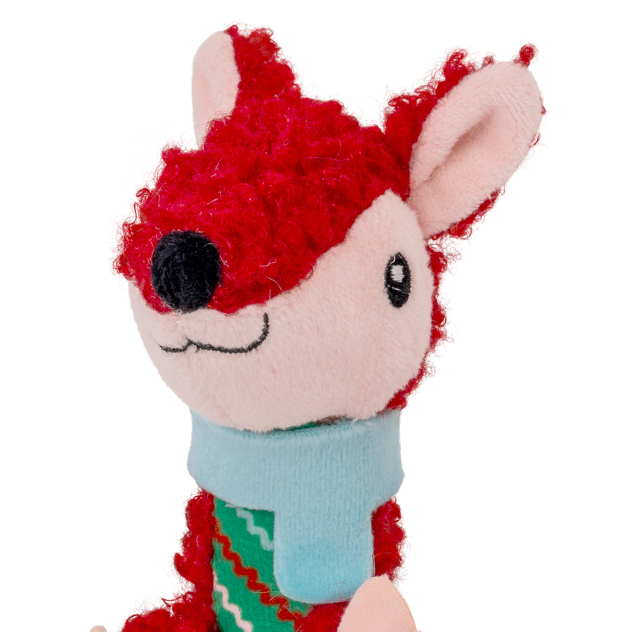 KONG Cat Luvs Festive Fox toy showing close up of head with blue scarf on a white background