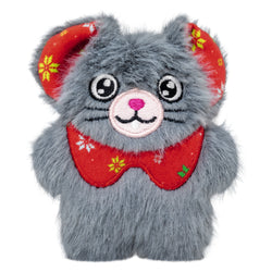 KONG festive mouse toy - a grey mouse with red accented ears and collar