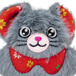 Close up of grey Mouse with red accents - a KONG catnip toy
