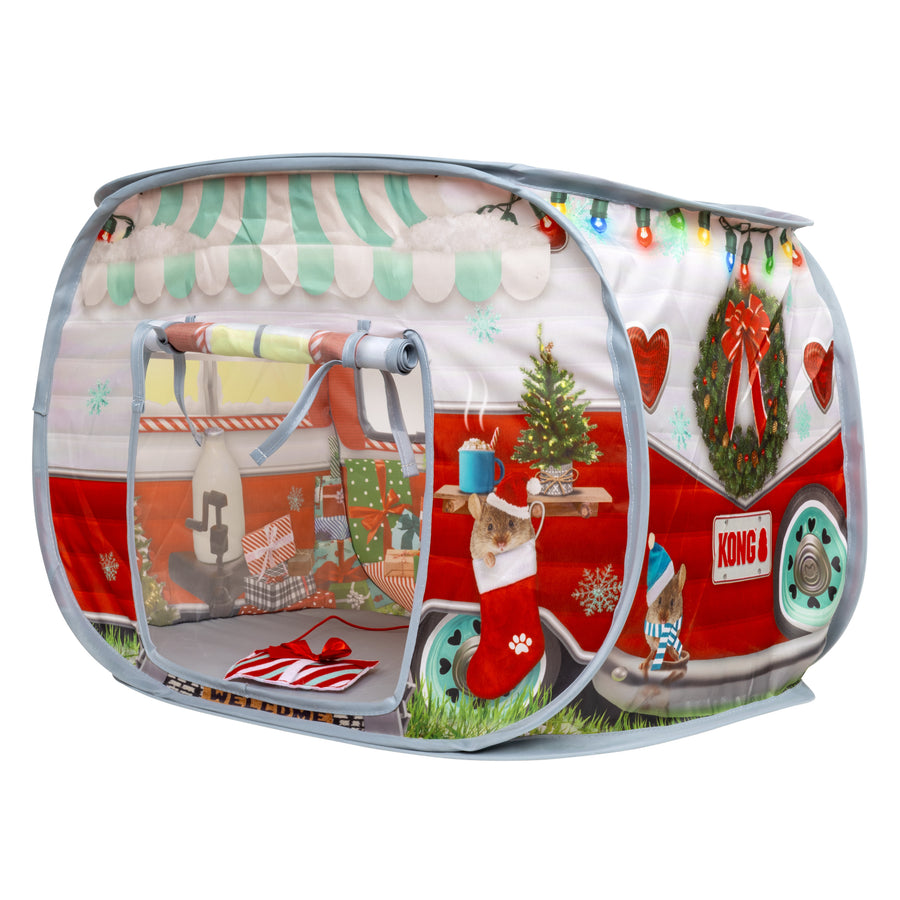 Festive cube showing side door. Christmas wreath and festive stocking visible plus KONG branding