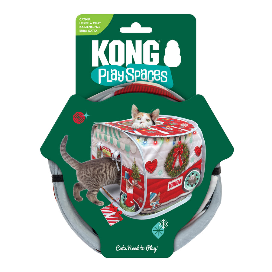 Pack shot for KONG Playspaces catnip Christmas camper. Green printed card packaging and folded cube.