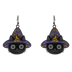 Halloween-themed cat earrings with witch hats on a white background