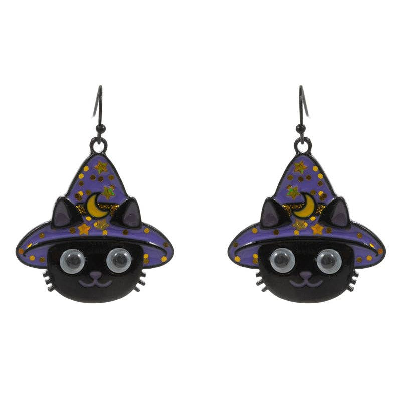 Halloween-themed cat earrings with witch hats on a white background