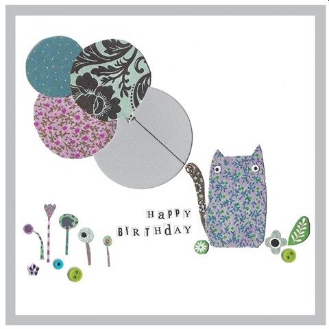 Grey cat with balloons Happy Birthday card