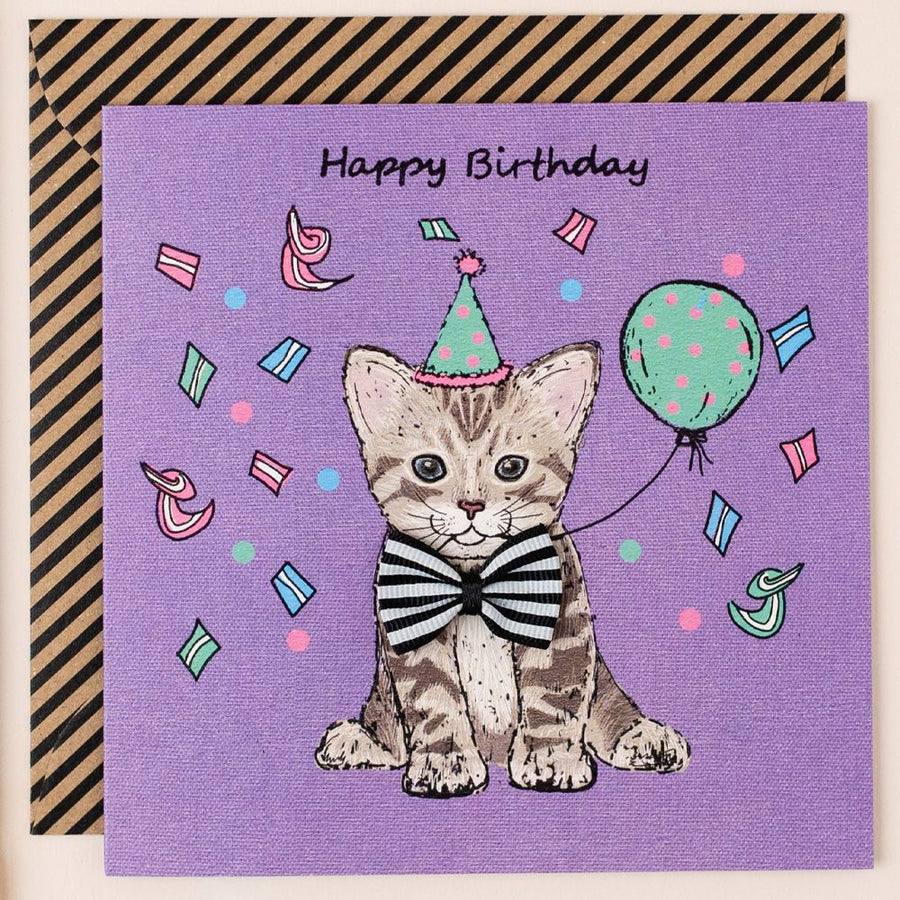 Purple Tabby Kitten Ribbon Birthday Card