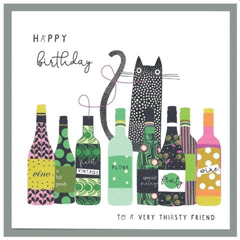 Black and White Cat with Alcohol bottles. Happy Birthday to a very thirsty friend