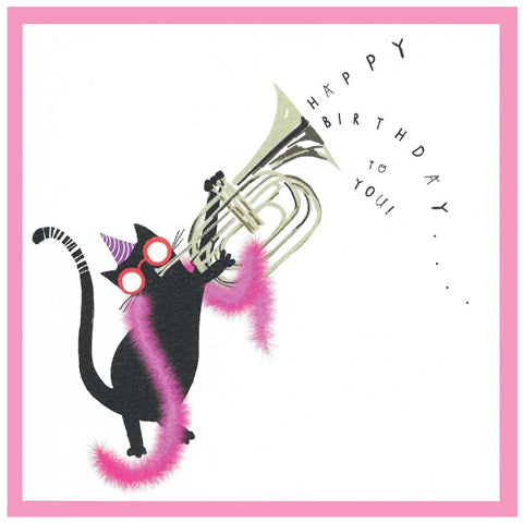 Birthday Card, Black Cat Playing a Trumpet