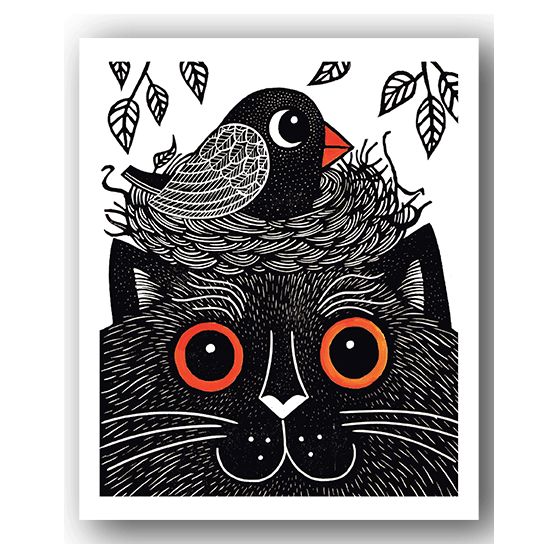 Happy Cat with Nest Linocut Card