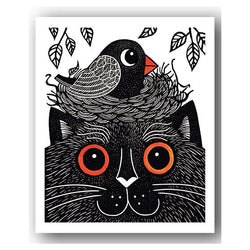 Happy Cat with Nest Linocut Card