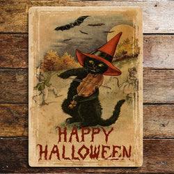 Vintage-style Halloween sign with a black cat playing a violin, surrounded by bats and pumpkins