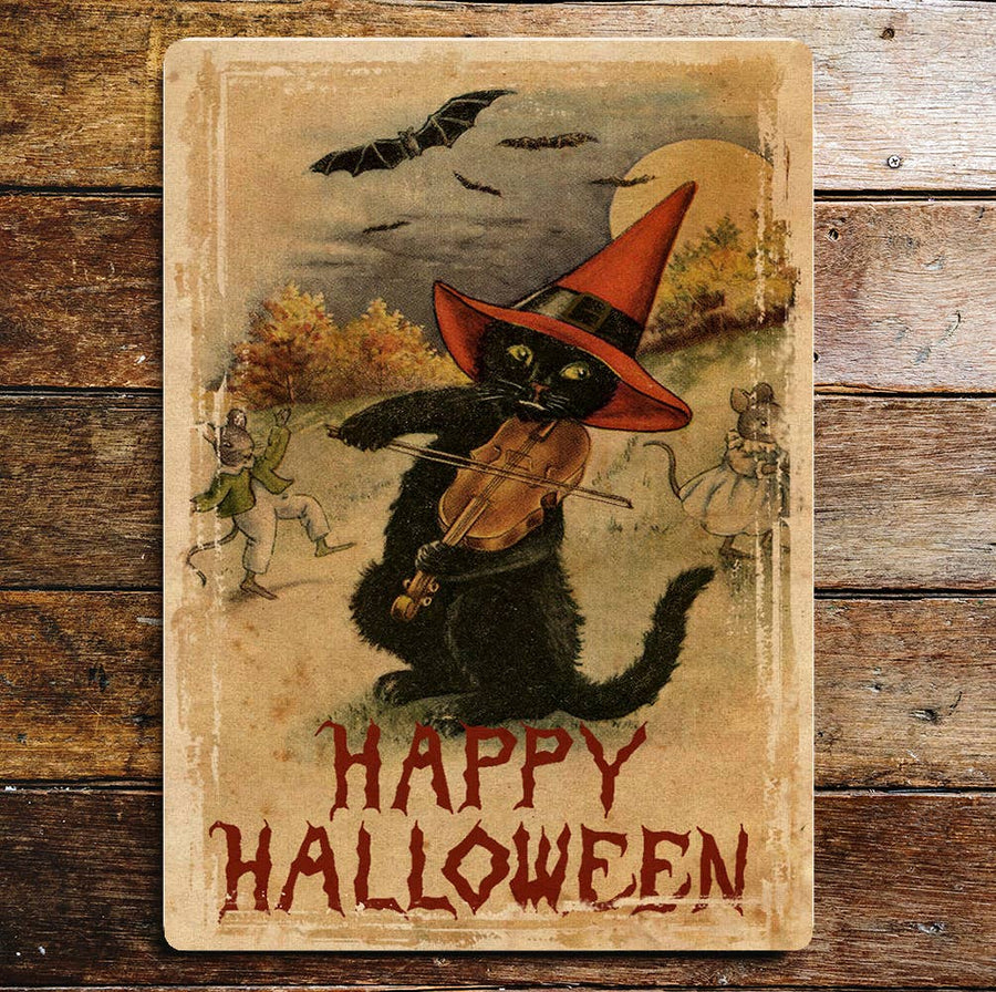 Vintage-style Halloween sign with a black cat playing a violin, surrounded by bats and pumpkins