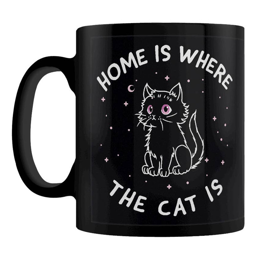 A black ceramic mug with a white line-art illustration of a cat and the text 'HOME IS WHERE THE CAT IS'