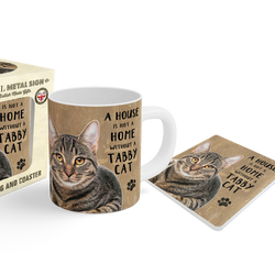 A ceramic mug, matching coaster, and retail box featuring a tabby cat illustration and the phrase 'A HOUSE WITHOUT A TABBY CAT.'