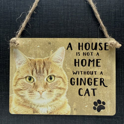 A rectangular hanging sign featuring a close-up photo of an orange tabby cat and text 'A HOUSE IS NOT A HOME WITHOUT A GINGER CAT'. The sign hangs from a piece of jute rope against a dark textured fabric background.