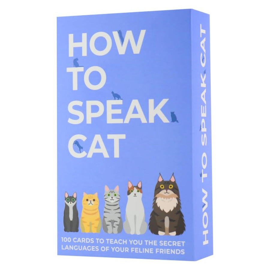 Card game box titled 'How to Speak Cat' with illustrations of cats on a blue background