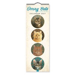 Front cover of 2027 Ivory Cats calendar with four round images of Lesley Anne Ivory cat illustrations
