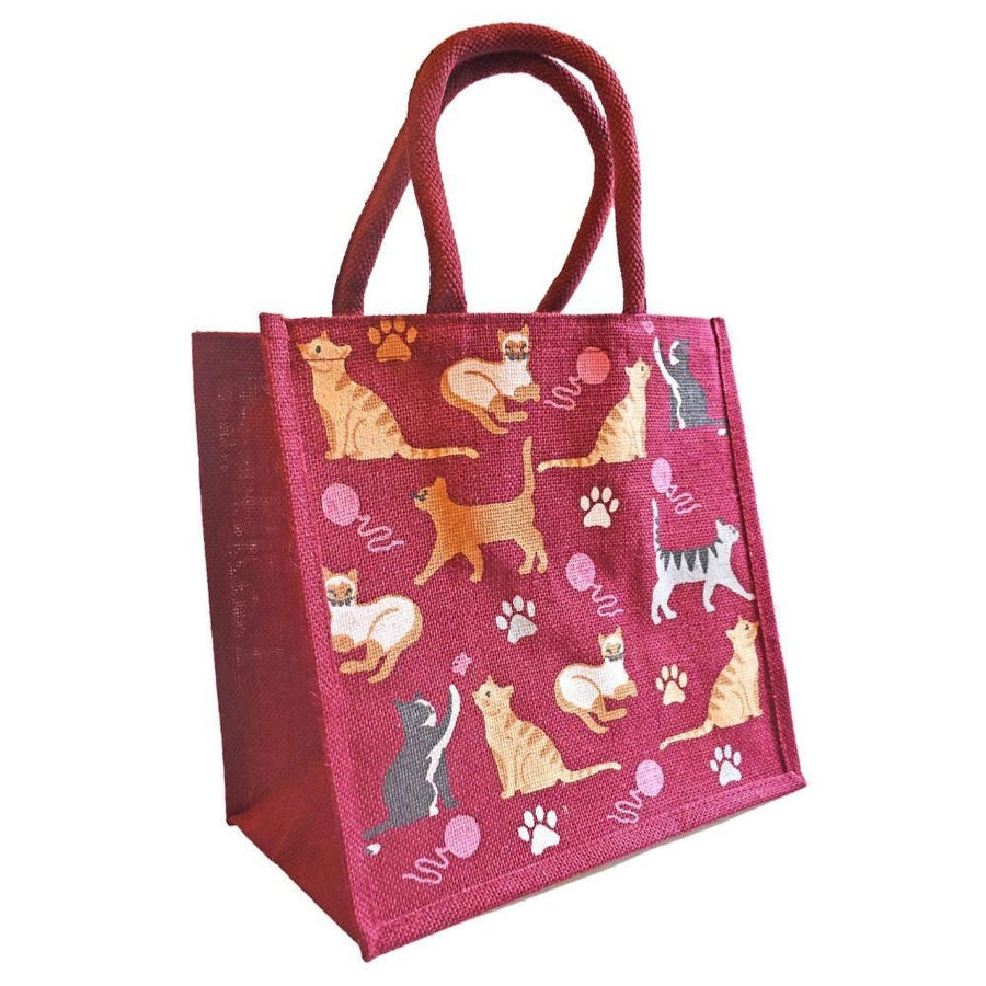 Fair Trade Burgundy Feline Jute Bag, Square