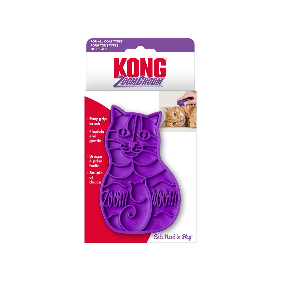 Purple cat-shaped grooming brush with KONG ZoomGroom branding on packaging