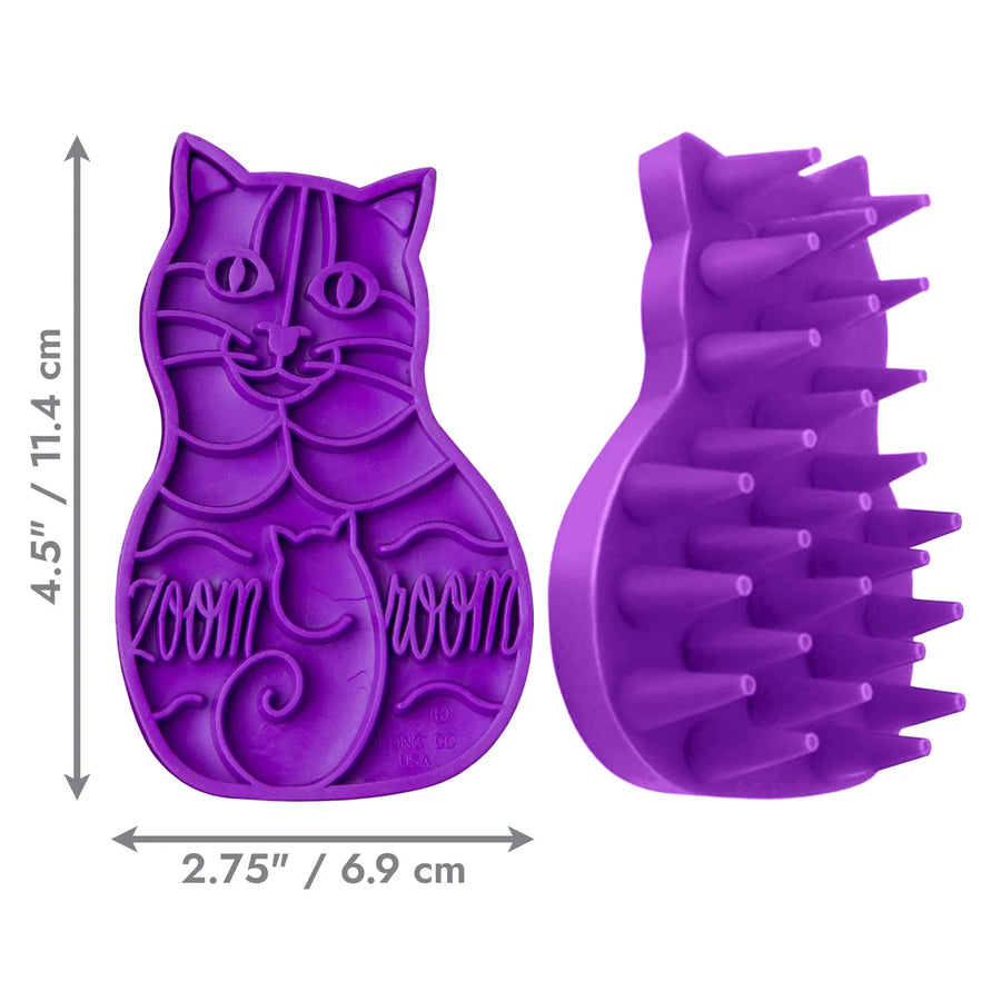 Purple cat-shaped grooming tool with bristles on a white background. Image shows product dimensions