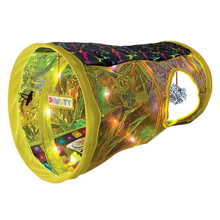 KONG Rave Cave Cat Toy tunnel with colourful interior and lights on a white background