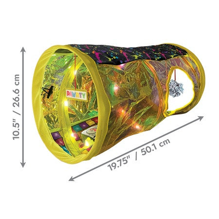 A colorful cat tunnel toy with built-in LED lights, shown with dimension arrows and labels indicating a height of 10.5 inches and length of 19.75 inches