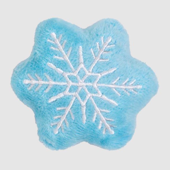 Catnip snowflake toy. A blue shape with a white embroidered snowflake