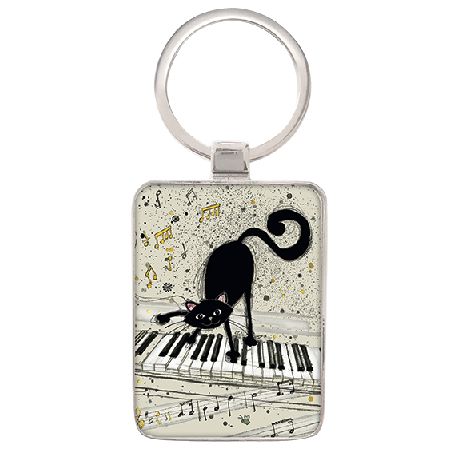 Black Kitty Keyring. Cat playing piano