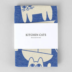 Kitchen tea towel with blue and white cat design
