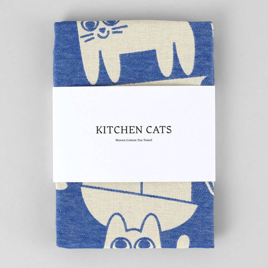 Kitchen tea towel with blue and white cat design