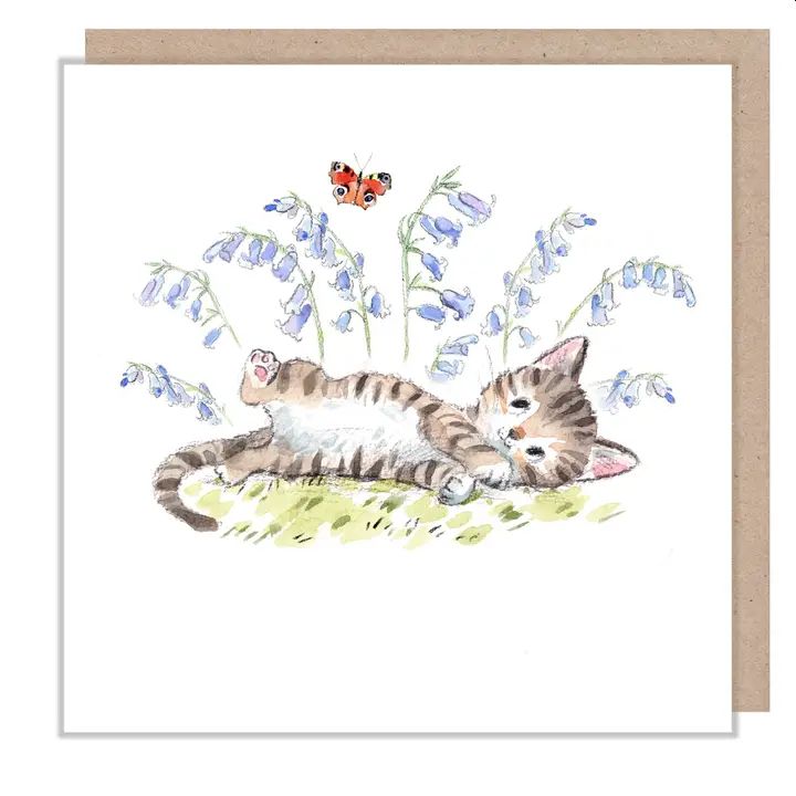 Cat and Bluebells Greetings Card