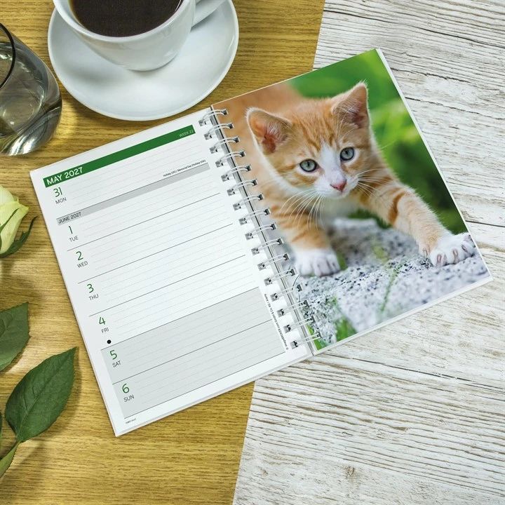 Spiral bound calendar with a kitten picture on a wooden table with a cup of coffee.